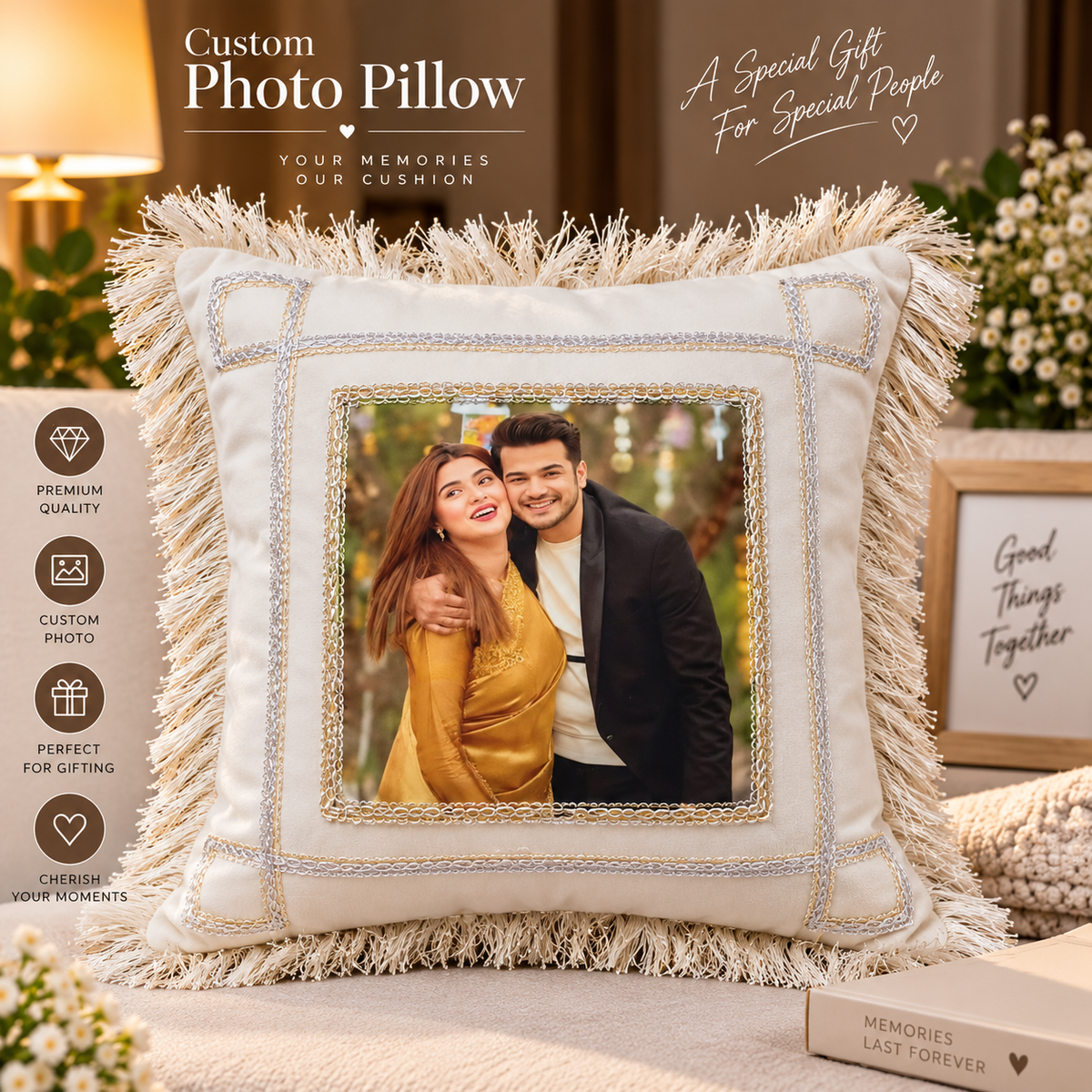Custom Photo Pillow – White Velvet Style